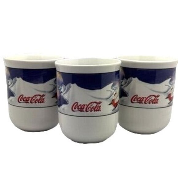 Vtg Coca-Cola by Sakura Polar Bear Winter Scene Mugs Porcelain Cups 3 Piece Set - Picture 3 of 12